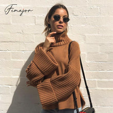 Load image into Gallery viewer, Femajor Women Autumn Winter Turtleneck Sweater Jumper Female 2019 Fashion Brown Loose Bell Sleeve Knit Tops Pullover Pit Sweater